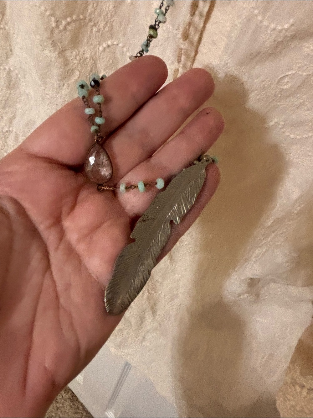 Handcrafted Feather Pendant Necklace with Turquoise Beads